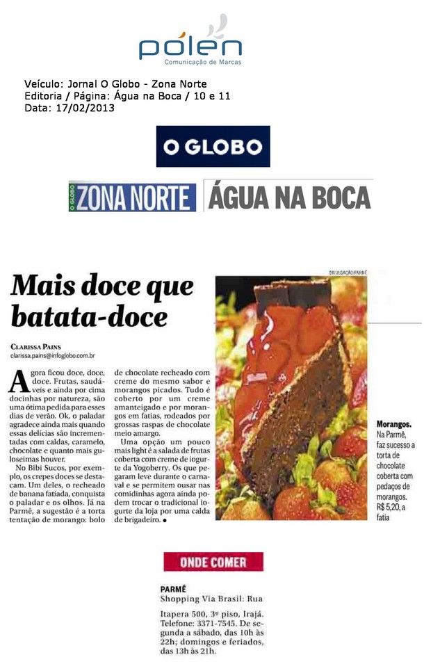 Água na Boca: Torta de chocolate coberta com pedaços de morangos na Parmê