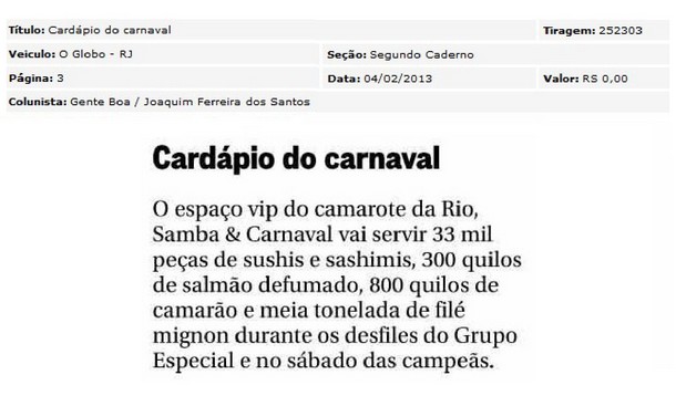 Cardápio na Rio, Samba & Carnaval