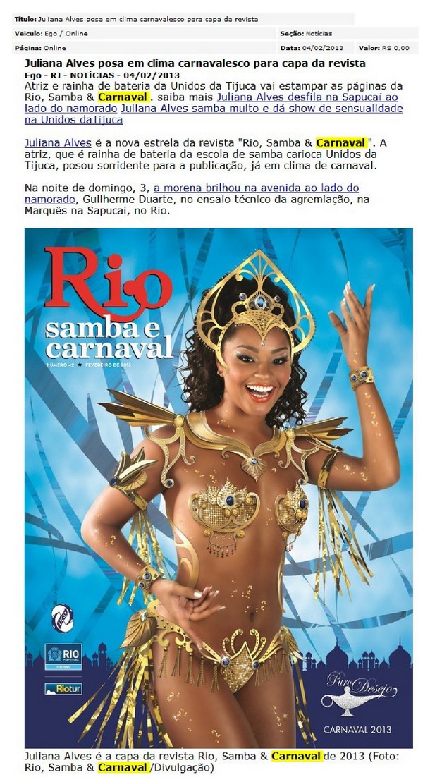 Rio, Samba & Carnaval - Juliana Alves posa em clima carnavalesco para a revista Ego