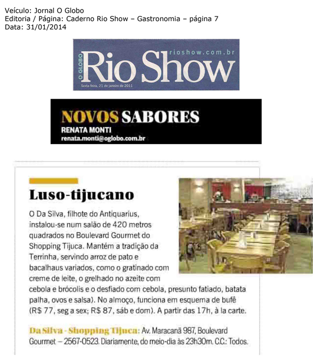 DaSilva - Jornal O Globo - Rio Show - Gastronomia