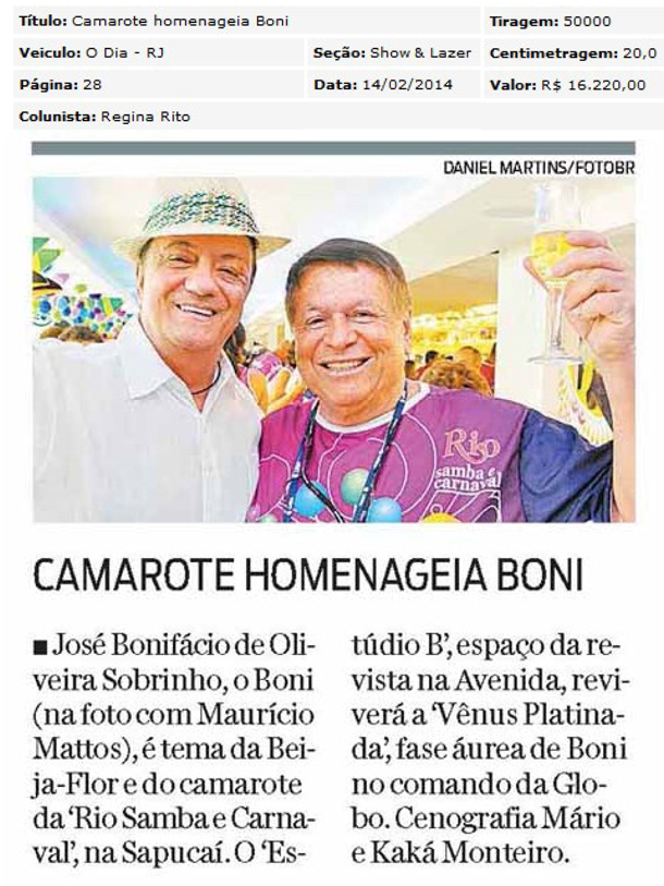 Camarote Homenageia Boni - Jornal O Dia